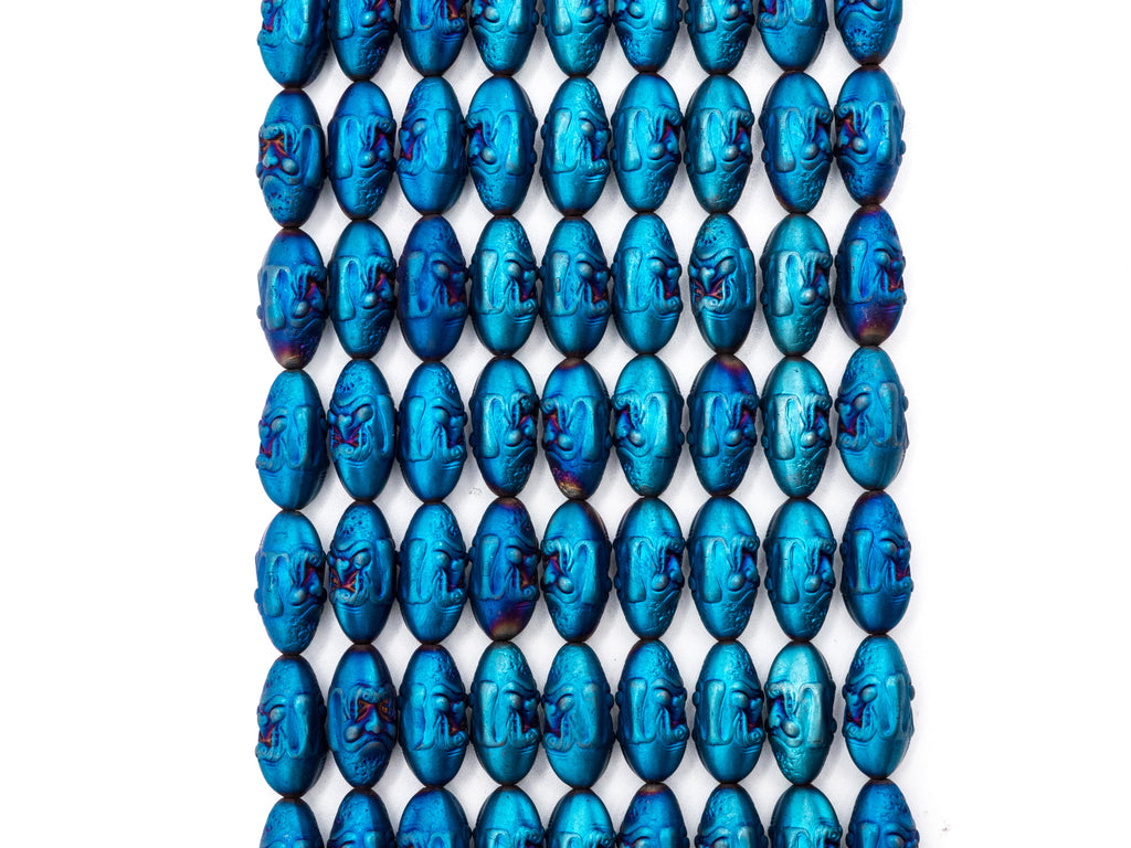 Natural Hematite Matt Blue Long Oval Beads, Old Man Head Carved, Oval Metallic Blue Gemstone Beads, 8x16mm,8'' Full Strand, Sku#W59