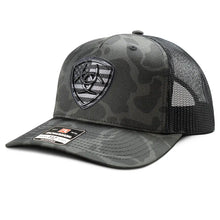Load image into Gallery viewer, Ariat Black Camo Embroidered Shield - Trucker Cap
