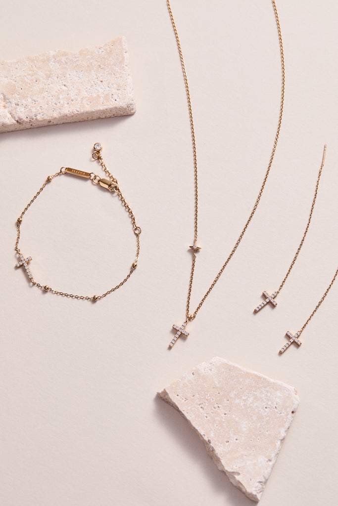 Cross Delicate Pave Crystal Beaded Strand Bracelet