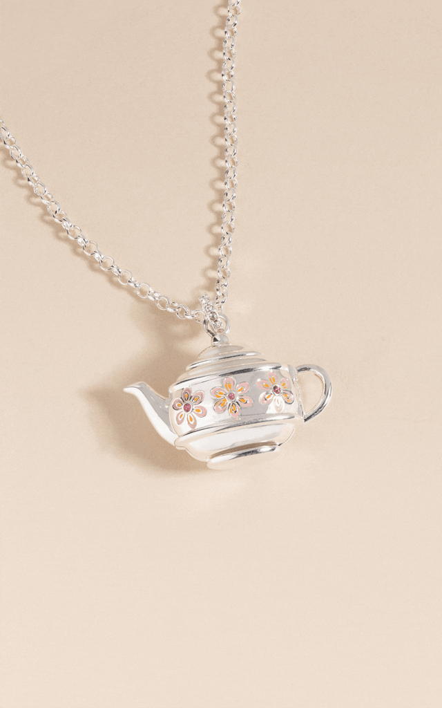 Floral Teapot Locket Pendant Necklace
