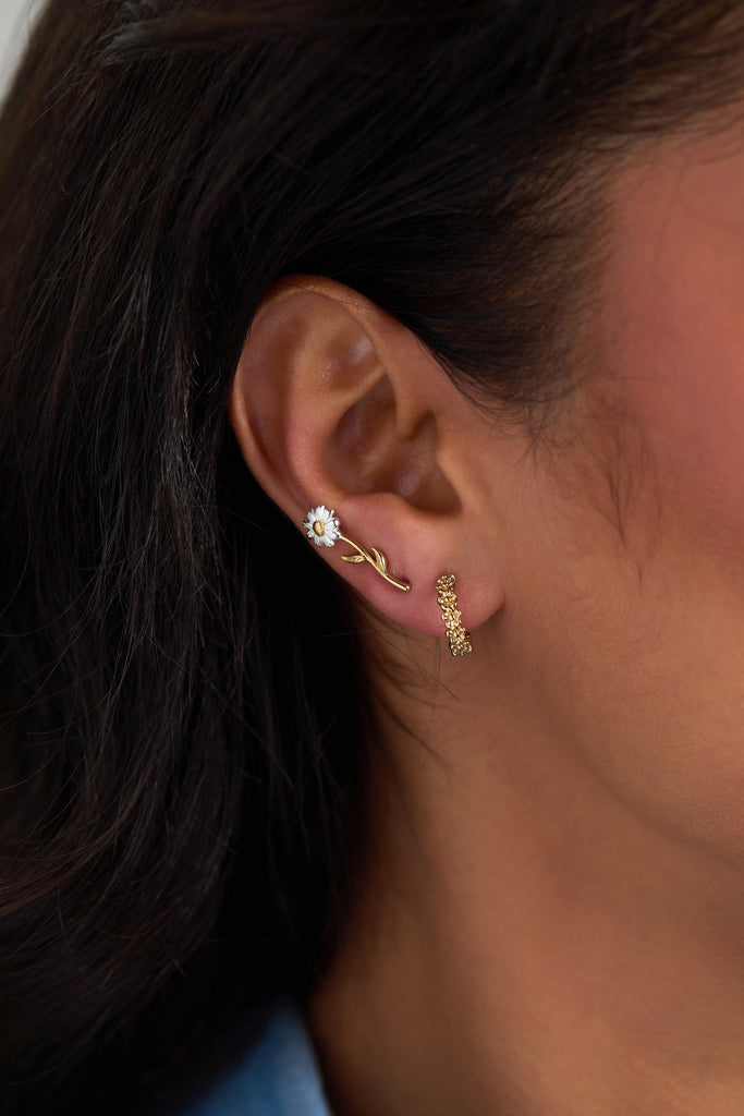 Daisy Flower Stud and Huggie Hoop Earring Set of 3
