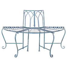 Load image into Gallery viewer, Half-Circle Outdoor Patio Garden Antique Blue Wrought Iron Tree Bench
