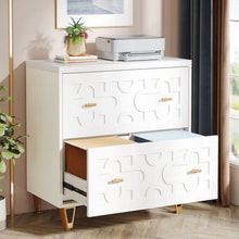 Load image into Gallery viewer, Retro White/Gold Geometric Scroll 2 Drawer Filing Cabinet Printer Stand