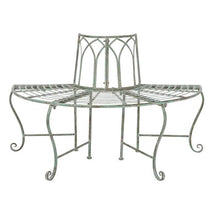 Load image into Gallery viewer, Half-Circle Outdoor Patio Garden Wrought Iron Tree Bench in Antique Green