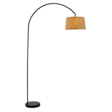 Load image into Gallery viewer, Modern Arching Floor Lamp in Matte Black with Taupe Burlap Fabric Drum Shade