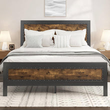 Load image into Gallery viewer, Full Industrial Rivet Platform Bed Frame with Headboard in Rustic Wood Finish