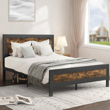 Load image into Gallery viewer, Queen Industrial Rivet Platform Bed Frame with Headboard in Rustic Wood Finish