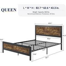 Load image into Gallery viewer, Queen Industrial Rivet Platform Bed Frame with Headboard in Rustic Wood Finish