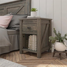 Load image into Gallery viewer, Farmhouse 1-Drawer Bedroom Nightstand with Open Shelf in Rustic Grey Oak