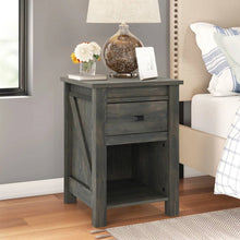 Load image into Gallery viewer, Farmhouse 1-Drawer Bedroom Nightstand with Open Shelf in Rustic Grey Oak