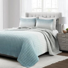 Load image into Gallery viewer, Full/Queen Aqua Blue and Grey Lightweight Polyester Fabric 3 Piece Quilt Set
