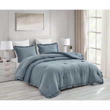 Load image into Gallery viewer, Full Size Blue Stone Washed Ruffled Edge Microfiber 3-Piece Comforter Set