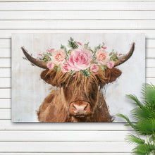 Load image into Gallery viewer, Highland Cow Floral Wreath Painting Canvas Wall Art
