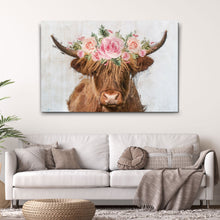 Load image into Gallery viewer, Highland Cow Floral Wreath Painting Canvas Wall Art