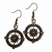 Load image into Gallery viewer, Steampunk Compass Earrings Nautical Vintage Silver Bronze Pirate Dangle Jewelry