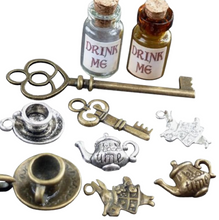 Load image into Gallery viewer, Alice in Wonderland Charms DIY Set 10pcs Vintage Teapot Key Rabbit Bottle Craft Kit