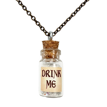 Load image into Gallery viewer, Drink Me Bottle Necklace Glass Vial Fantasy Jewelry Aqua Blue Rusty Glow in the Dark