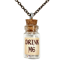 Load image into Gallery viewer, Drink Me Bottle Necklace Glass Vial Fantasy Jewelry Aqua Blue Rusty Glow in the Dark