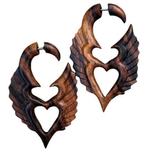 Load image into Gallery viewer, Bohemian Steampunk Angel Wing Earrings Natural Wood Gothic Tribal Statement Jewelry