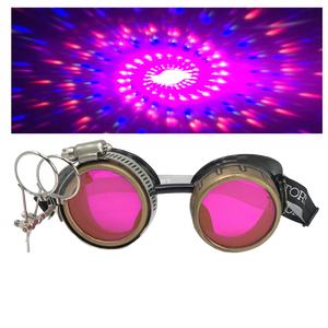 Handmade Steampunk Goggles with Loupe – Diffraction Lenses -neon pink, lime green, orange, and clear lenses
