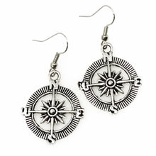 Load image into Gallery viewer, Steampunk Compass Earrings Nautical Vintage Silver Bronze Pirate Dangle Jewelry