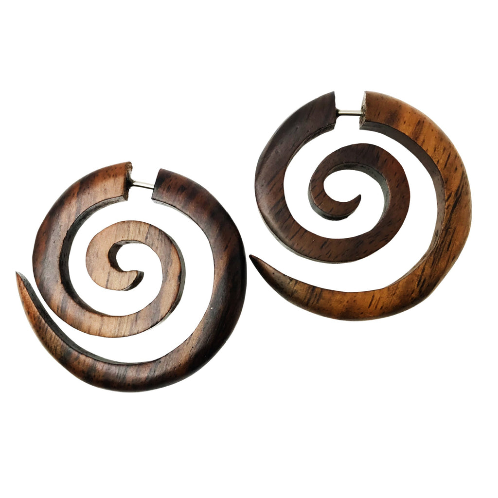 Large Spiral Wooden Earrings Brown or Black Wood Boho Tribal Statement Jewelry black or brown
