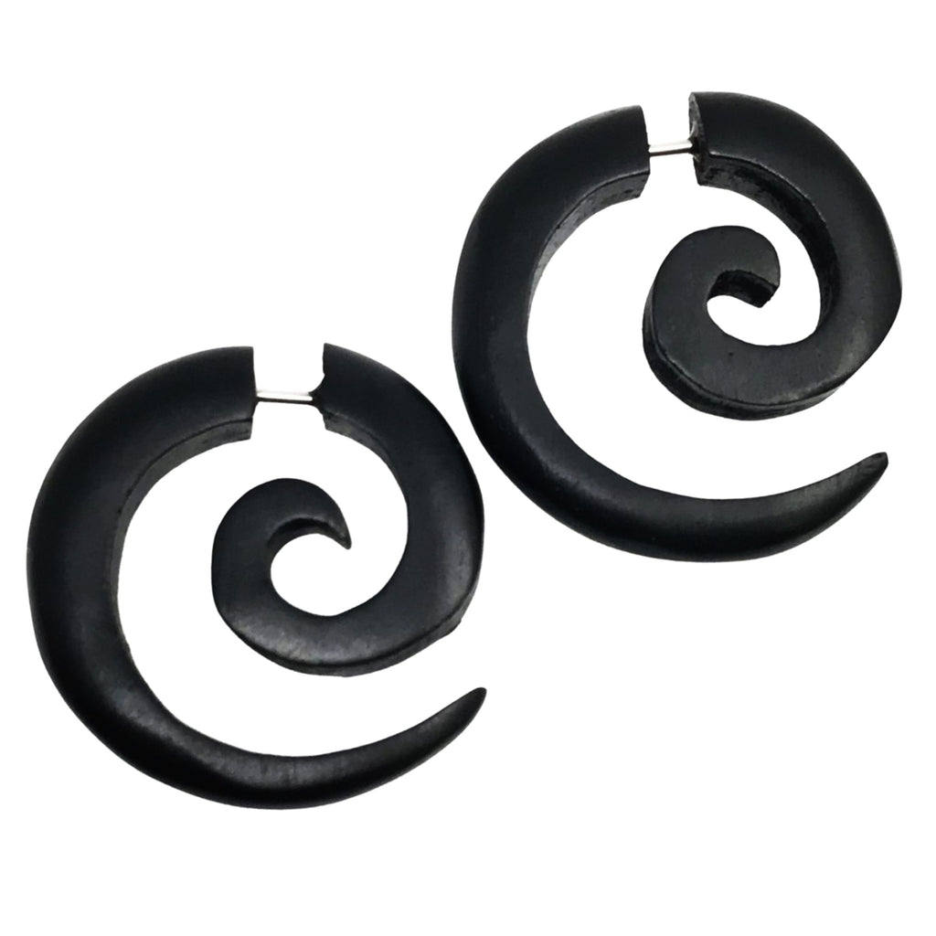 Tribal Spiral Wood Earrings – Boho Organic Lightweight Geometric Jewelry brown or black