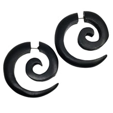 Load image into Gallery viewer, Tribal Spiral Wood Earrings – Boho Organic Lightweight Geometric Jewelry brown or black