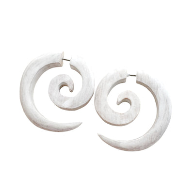 White Spiral or Hook Faux Gauge Earrings Boho Organic Wooden Post Stud Lightweight Tribal Jewelry