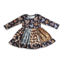 Load image into Gallery viewer, Girl long sleeve mouse leopard panel twirl dresses