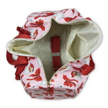 Load image into Gallery viewer, Red ruffle santa polka dots Christmas duffel bag