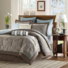 Load image into Gallery viewer, California King 12-piece Reversible Cotton Comforter Set in Brown and Blue