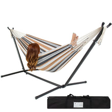 Load image into Gallery viewer, Portable Cotton Hammock in Desert Strip with Metal Stand and Carry Case