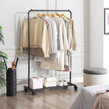 Load image into Gallery viewer, Simple Black Steel Tube Rolling Garment Clothes Rack with Bottom Mesh Shelf