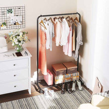 Load image into Gallery viewer, Simple Black Steel Tube Rolling Garment Clothes Rack with Bottom Mesh Shelf