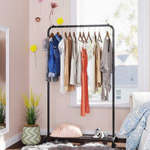 Load image into Gallery viewer, Simple Black Steel Tube Rolling Garment Clothes Rack with Bottom Mesh Shelf
