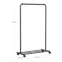 Load image into Gallery viewer, Simple Black Steel Tube Rolling Garment Clothes Rack with Bottom Mesh Shelf