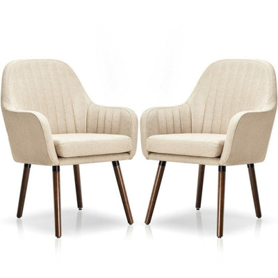 Set of 2 Retro Off-White Linen Upholstered Accent Chair with Stylish Wood Legs