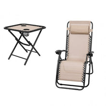 Load image into Gallery viewer, 3 Piece Folding Portable Reclining Lounge Chairs Table Set Tan
