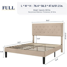 Load image into Gallery viewer, Full size Beige Linen Platform Bed Frame with Button Tufted Headboard