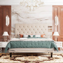 Load image into Gallery viewer, King Size Beige Linen Upholstered Platform Bed with Button-Tufted Headboard