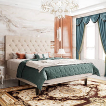 Load image into Gallery viewer, King Size Beige Linen Upholstered Platform Bed with Button-Tufted Headboard