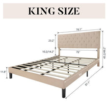 Load image into Gallery viewer, King Size Beige Linen Upholstered Platform Bed with Button-Tufted Headboard