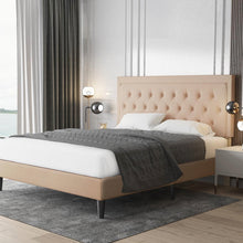 Load image into Gallery viewer, King size Beige Linen Platform Bed Frame with Button Tufted Headboard