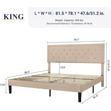 Load image into Gallery viewer, King size Beige Linen Platform Bed Frame with Button Tufted Headboard