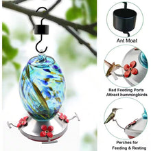 Load image into Gallery viewer, Blue Blown Glass Hummingbird Feeder with Perch and 4 Feeding Ports