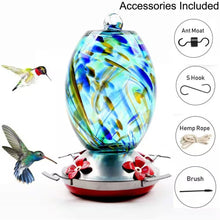 Load image into Gallery viewer, Blue Blown Glass Hummingbird Feeder with Perch and 4 Feeding Ports