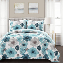 Load image into Gallery viewer, Full/Queen Blue Grey Flowers Lightweight Polyester Microfiber Quilt Set