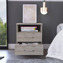 Load image into Gallery viewer, Modern 2-Drawer Nightstand with Open Shelf in Beige Wood Finish