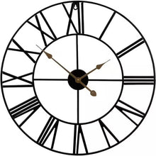 Load image into Gallery viewer, Round 24-inch Black Metal Roman Numeral Wall Clock with Gold Hands